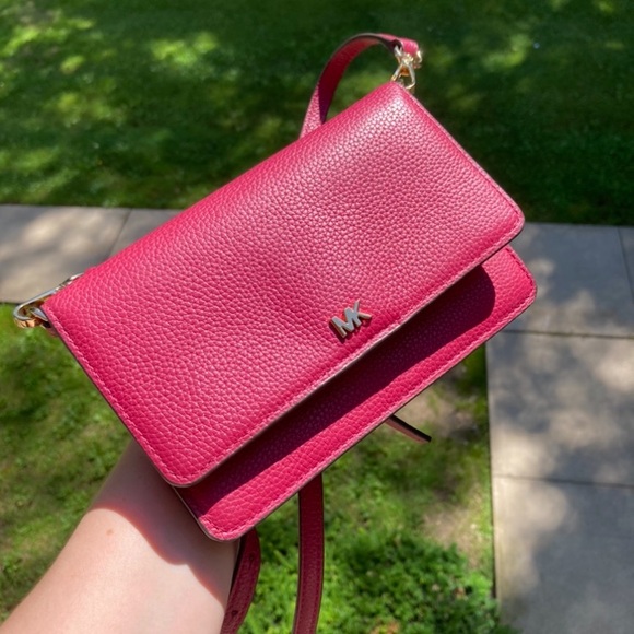 Michael Kors Red Maroon Pebbled Leather Convertible Crossbody Small Bag Purse - Picture 1 of 17